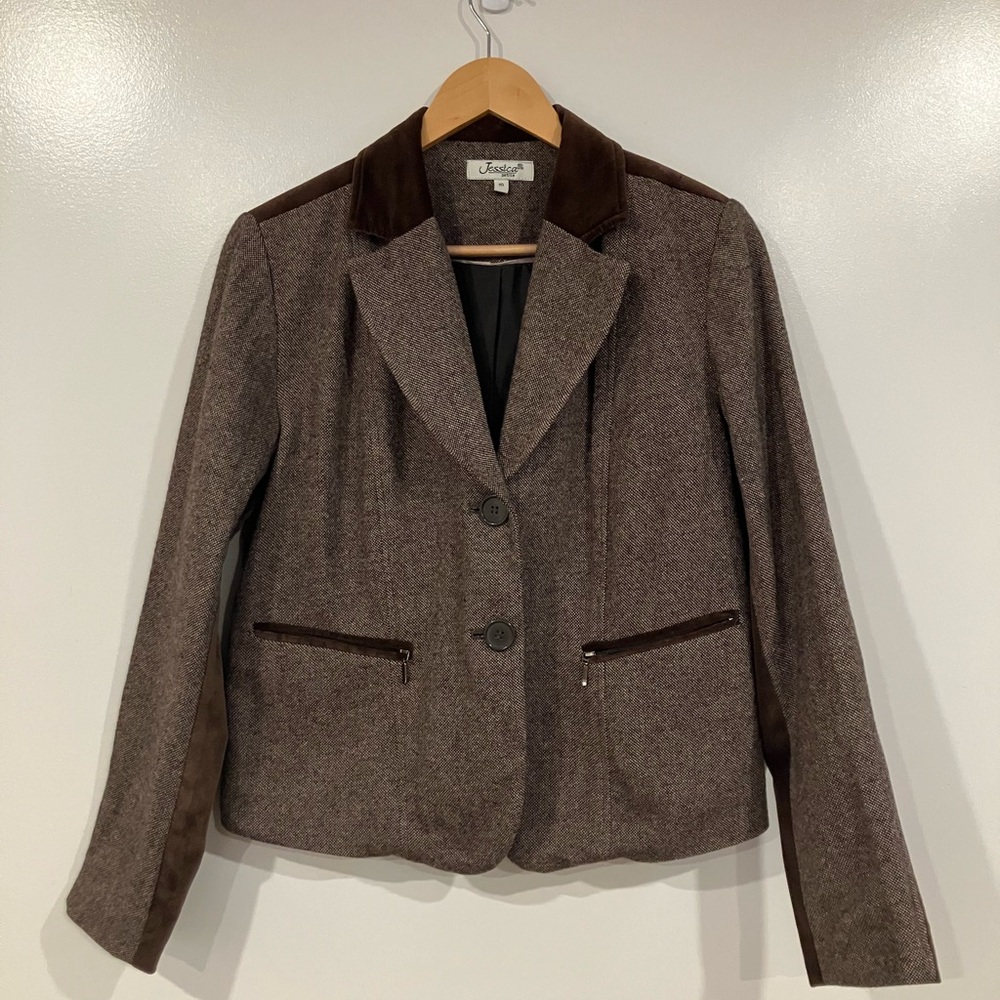 Vintage Wool Blend Equestrian Blazer – Brown Herringbone, Velvet Trim (Fits M)